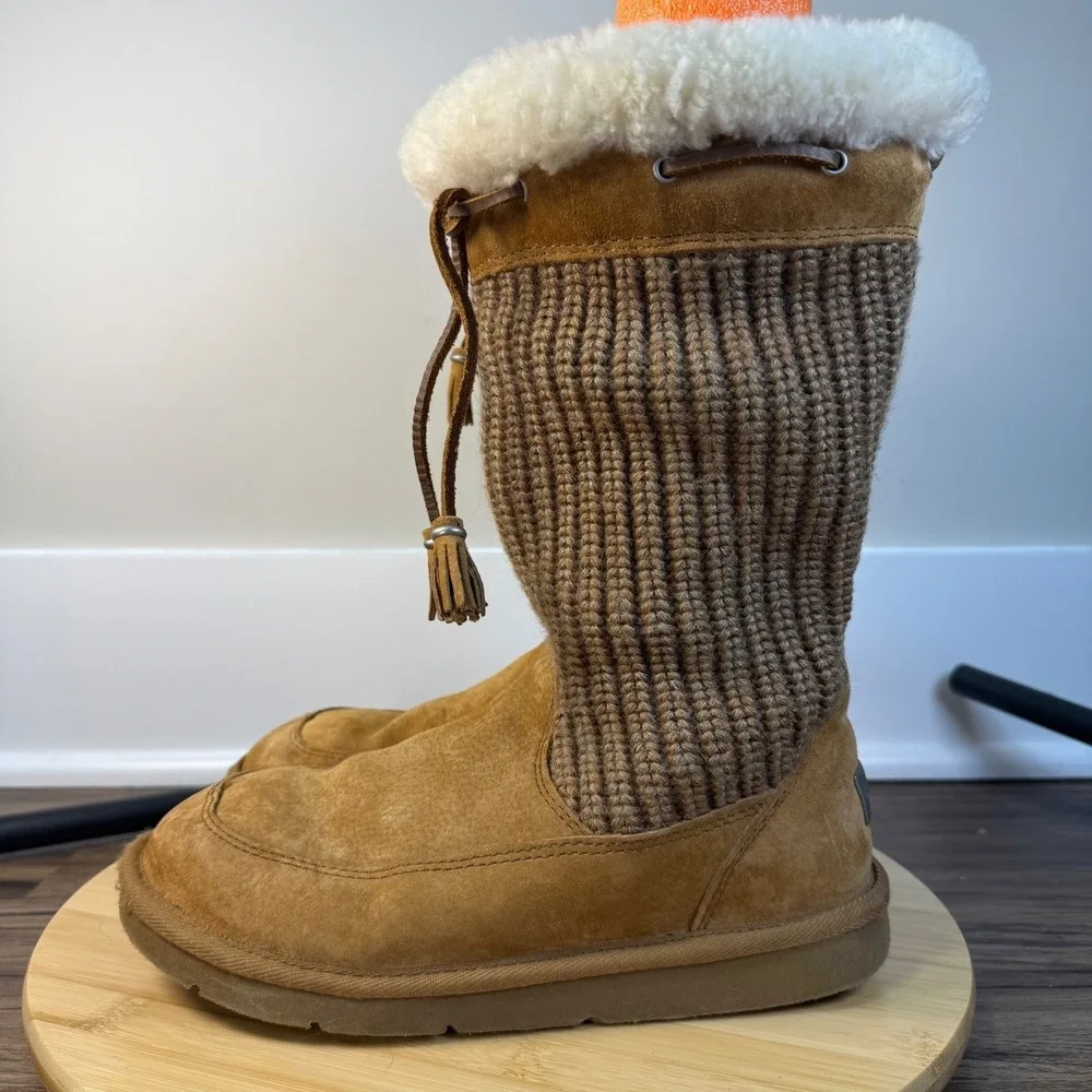 UGG Australia Suburb Crochet Boots Women's 7 Chestnut Brown Suede Knit Sheepskin